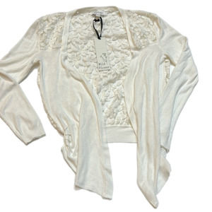 NWT  Wild Flower White Knit Open Cardigan Sheer Floral Embroidered Back Sweater